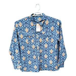 Aztec Navajo Western Fishing Shirt Mens XXL Blue Fish Outdoor Reel Life Stretch